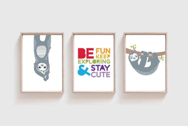Set Of 3 Sloth Nursery Prints, Rainbow Decor, Playroom Wall Art - image 1