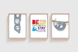 Set Of 3 Sloth Nursery Prints, Rainbow Decor, Playroom Wall Art - thumbnail 1