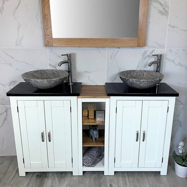 White Painted Double Vanity Unit - Black Quartz Top, Stone Basins - image 1