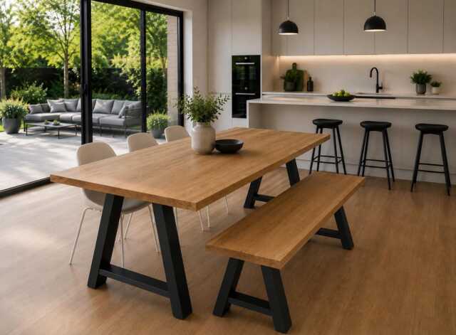 Fixed Length Solid Oak Industrial Steel A Frame Rustic Dining Table - image 1