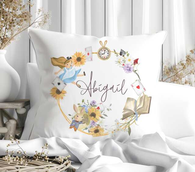 Personalized Alice Wonderland Pillow Custom Name Girl Nursery Decor Whimsical White Rabbit Sunflower Keepsake - image 1