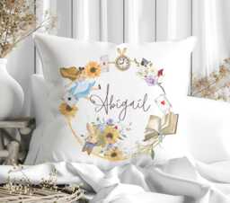 Personalized Alice Wonderland Pillow Custom Name Girl Nursery Decor Whimsical White Rabbit Sunflower Keepsake - thumbnail 1