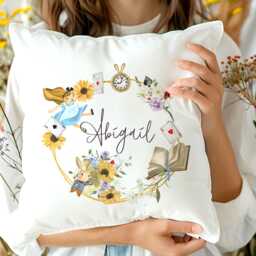 Personalized Alice Wonderland Pillow Custom Name Girl Nursery Decor Whimsical White Rabbit Sunflower Keepsake - thumbnail 2