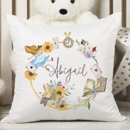 Personalized Alice Wonderland Pillow Custom Name Girl Nursery Decor Whimsical White Rabbit Sunflower Keepsake - thumbnail 4