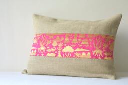 Linen Pillow With Hot Pink Brocade Band , & Industrial Chic Pillow, Holiday Decor, Cushion - thumbnail 1