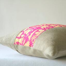 Linen Pillow With Hot Pink Brocade Band , & Industrial Chic Pillow, Holiday Decor, Cushion - thumbnail 3