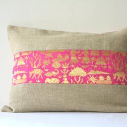 Linen Pillow With Hot Pink Brocade Band , & Industrial Chic Pillow, Holiday Decor, Cushion - thumbnail 2