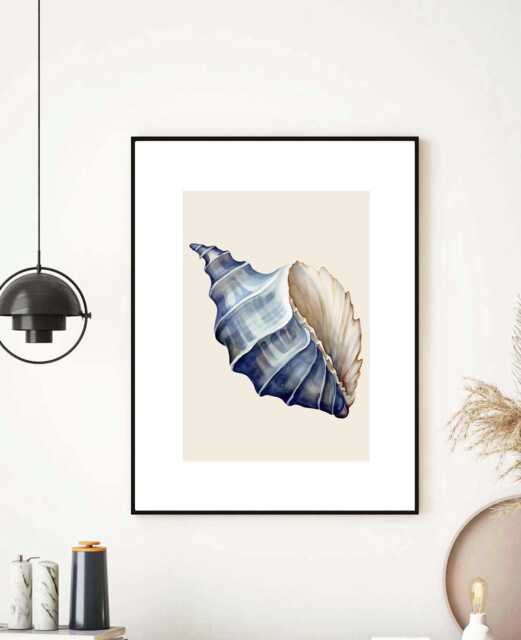 Calming Sea Shell Illustration Print Beige Blue Bathroom Wall Art Decor Theme Neutral Toilet Poster - image 1