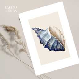 Calming Sea Shell Illustration Print Beige Blue Bathroom Wall Art Decor Theme Neutral Toilet Poster - thumbnail 2