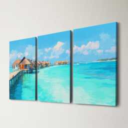 Maldives Villas 3 Panel Split Canvas Wall Art Tropical Ocean Paradise Turquoise Sea Oil Painting Framed Home Decor Travel Gift - thumbnail 1