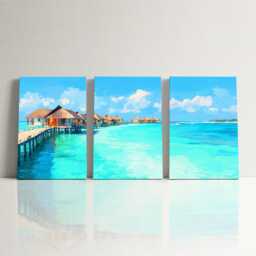 Maldives Villas 3 Panel Split Canvas Wall Art Tropical Ocean Paradise Turquoise Sea Oil Painting Framed Home Decor Travel Gift - thumbnail 3