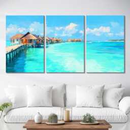 Maldives Villas 3 Panel Split Canvas Wall Art Tropical Ocean Paradise Turquoise Sea Oil Painting Framed Home Decor Travel Gift - thumbnail 2