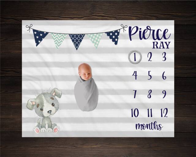 Puppy Dog Milestone Blanket, Monthly Growth Tracker, Baby Shower Gift For Mom To Be, Personalized Custom Gift, Keepsake - image 1