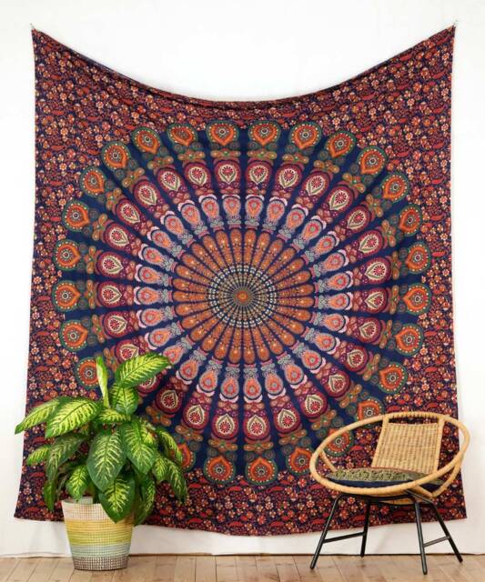 Peacock Feather Mandala Wall Hanging, Blue, Green, Orange, Approx. 210 X 230 cm, Indian Tapestry, Handmade in India, 100% Cotton Hanging - image 1