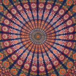 Peacock Feather Mandala Wall Hanging, Blue, Green, Orange, Approx. 210 X 230 cm, Indian Tapestry, Handmade in India, 100% Cotton Hanging - thumbnail 3