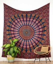 Peacock Feather Mandala Wall Hanging, Blue, Green, Orange, Approx. 210 X 230 cm, Indian Tapestry, Handmade in India, 100% Cotton Hanging - thumbnail 1