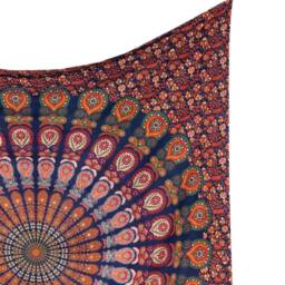 Peacock Feather Mandala Wall Hanging, Blue, Green, Orange, Approx. 210 X 230 cm, Indian Tapestry, Handmade in India, 100% Cotton Hanging - thumbnail 2