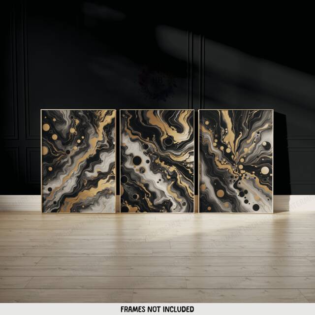 Black & Gold Fluid Print Set - Living Room Wall Art - Home Decor Of 3 Prints Colourful Liquid Artwork Modern Ink Poster - image 1