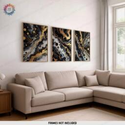Black & Gold Fluid Print Set - Living Room Wall Art - Home Decor Of 3 Prints Colourful Liquid Artwork Modern Ink Poster - thumbnail 2