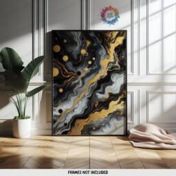 Black & Gold Fluid Print Set - Living Room Wall Art - Home Decor Of 3 Prints Colourful Liquid Artwork Modern Ink Poster - thumbnail 3