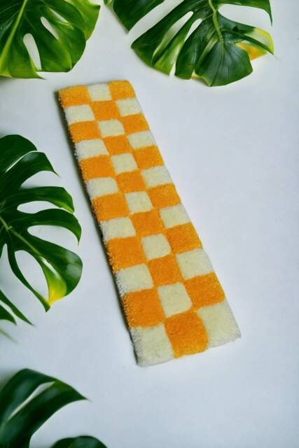 Small Yellow Checkered Rug. Rug For Narrow Hallways. Tufted Rug, Small Wool Mini Shower Kitchen Decorative - image 1