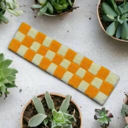 Small Yellow Checkered Rug. Rug For Narrow Hallways. Tufted Rug, Small Wool Mini Shower Kitchen Decorative - thumbnail 3