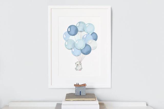 Blue Balloon Bunch, Unframed Print, Polar Bear Illustration, Boy's Nursery Art, Baby Boy, Archival UK Art - image 1