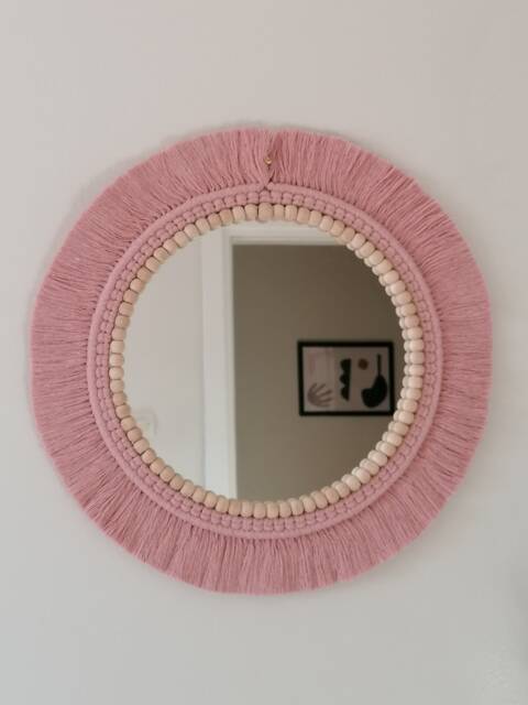 Nursery Wall Decor, Blush Mirror , Boho Hanging Macrame Woven Round Mirror, Express Shipping - image 1