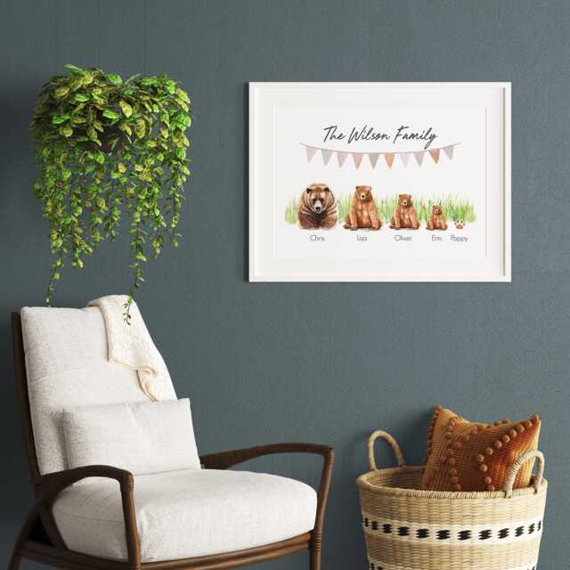 Brown Bear Family Gift For Dad. Watercolour Style Personalised Print With Names, Wall Art Picture Bears - image 1