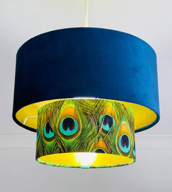 New Luxurious Handmade By Order Navy Blue Velvet & Peacock Feathers Print Two Tier Pendant Lamp Light Shade With Metallic Lining - image 1
