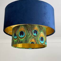 New Luxurious Handmade By Order Navy Blue Velvet & Peacock Feathers Print Two Tier Pendant Lamp Light Shade With Metallic Lining - thumbnail 2