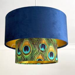 New Luxurious Handmade By Order Navy Blue Velvet & Peacock Feathers Print Two Tier Pendant Lamp Light Shade With Metallic Lining - thumbnail 3
