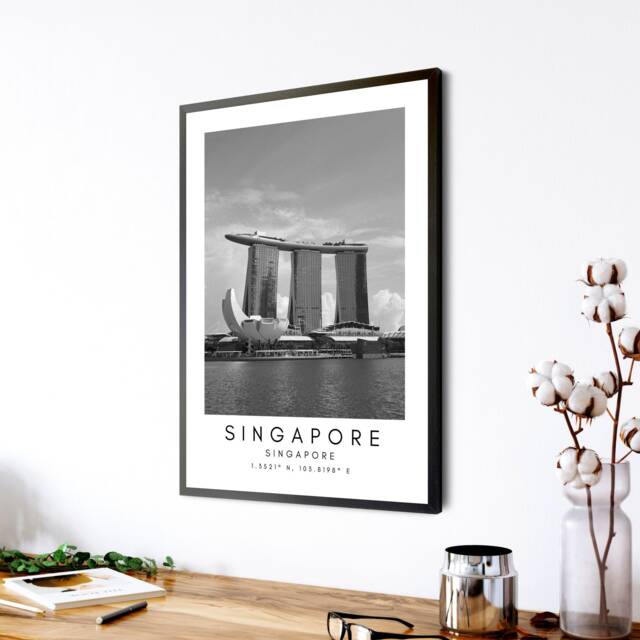 Singapore Skyline Print Black & White Travel Art - image 1
