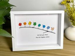 Personalized Sea Glass Bird Family On Branch - Framed Handmade Art - thumbnail 1