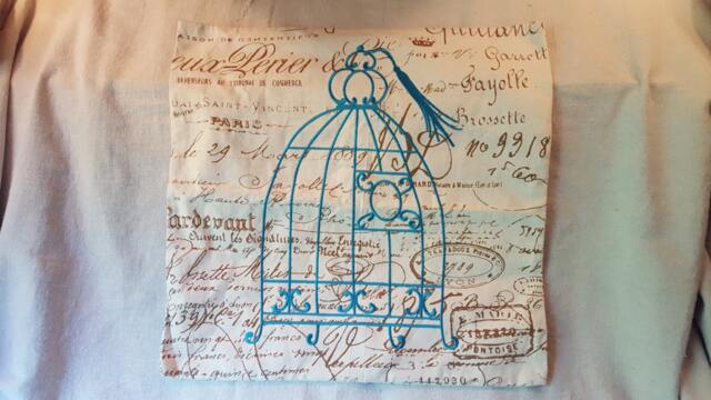 Handmade Embroidered Twill Pillow Cover - French Script, Turqouise Embroidery Birdcage - image 1