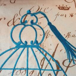 Handmade Embroidered Twill Pillow Cover - French Script, Turqouise Embroidery Birdcage - thumbnail 2