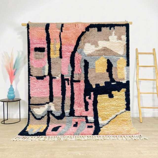 Moroccan Pink Berber Rug, Handwoven Wool Shag Rug With Abstract Blocks, Authentic Beni Ourain Style Carpet, Large 9x12 Area - image 1