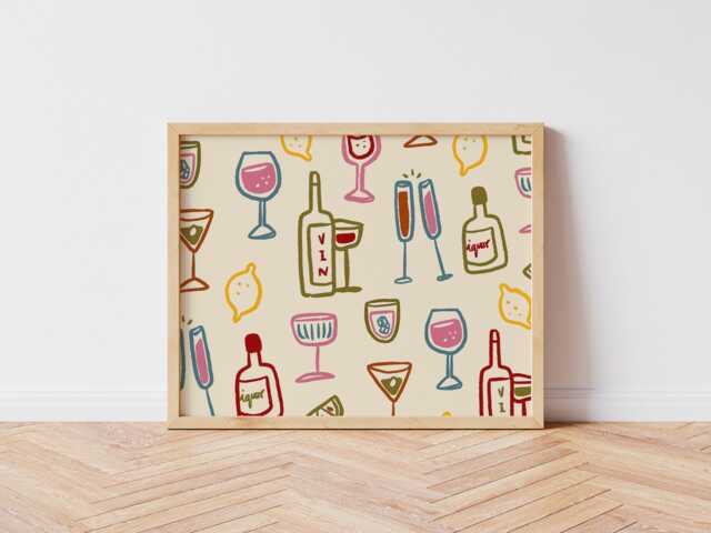Drink Glasses Print, Horizontal Colourful Wine Retro Wall Art, Kitchen Prints, Landscape Aesthetic Decor, Unframed - image 1