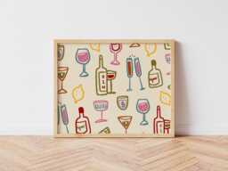 Drink Glasses Print, Horizontal Colourful Wine Retro Wall Art, Kitchen Prints, Landscape Aesthetic Decor, Unframed - thumbnail 1