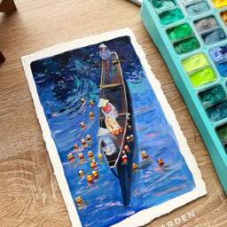Original Gouache Painting Lanterns On The River, Hoian Vietnam - thumbnail 2