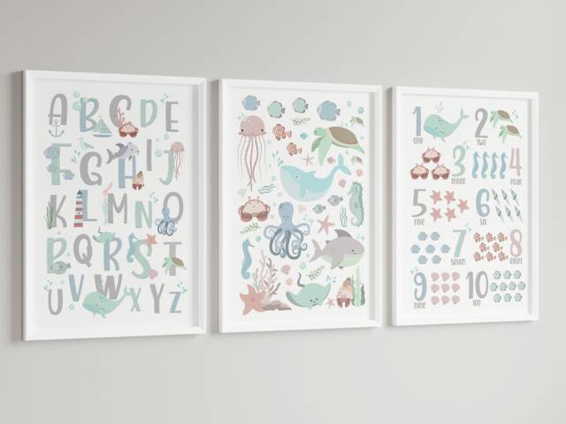 Under Sea Ocean - Girls Boys A4 Or A3 Bedroom Nursery Set Of 3 Unframed Prints Unisex Abc 123 Sealife Whale Shark Octopus Turtle - image 1