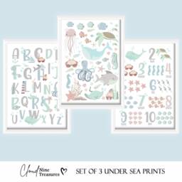 Under Sea Ocean - Girls Boys A4 Or A3 Bedroom Nursery Set Of 3 Unframed Prints Unisex Abc 123 Sealife Whale Shark Octopus Turtle - thumbnail 2