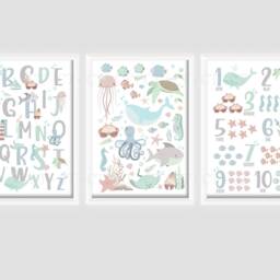 Under Sea Ocean - Girls Boys A4 Or A3 Bedroom Nursery Set Of 3 Unframed Prints Unisex Abc 123 Sealife Whale Shark Octopus Turtle - thumbnail 3