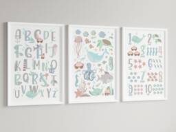 Under Sea Ocean - Girls Boys A4 Or A3 Bedroom Nursery Set Of 3 Unframed Prints Unisex Abc 123 Sealife Whale Shark Octopus Turtle - thumbnail 1