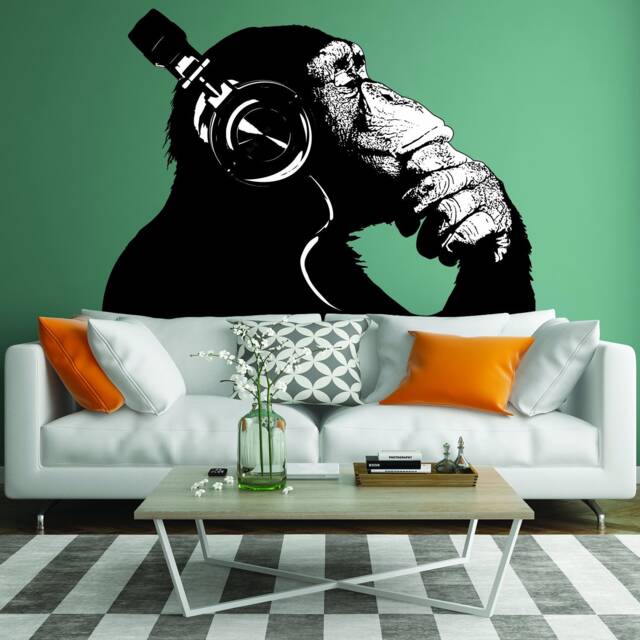 Banksy Wall Decal Thinking Monkey Art Sticker - Dj Chimp The Thinker Gorilla With Headphones Home Decals Street Graffiti Mural Print - image 1