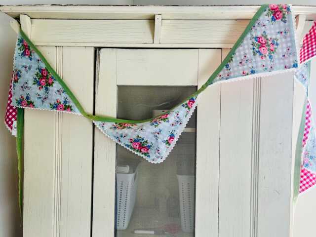 Vintage Handmade Bunting - Baby Blue & Red Floral Fabric Sourced From Vintage Eiderdown Quilt - image 1