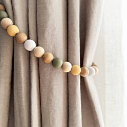 Handmade Wooden Bead Curtain Tiebacks Khaki Green & Yellow, Set Of 2