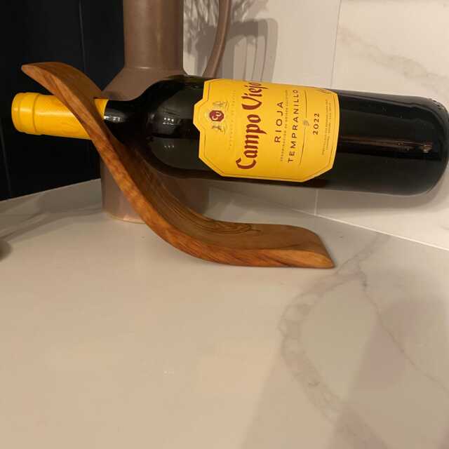 Handcrafted Olive Wood Wine Bottle Stand Balancing Rustic Bar Decor - image 1