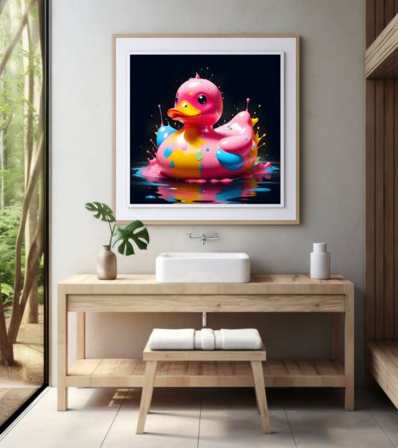 Rubber Duck Bathroom Wall Art, Quirky Colourful Bath Time Poster, Digital File Or Printed, Square Decor, Colour Splashes, Dark - image 1