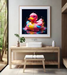Rubber Duck Bathroom Wall Art, Quirky Colourful Bath Time Poster, Digital File Or Printed, Square Decor, Colour Splashes, Dark - thumbnail 1